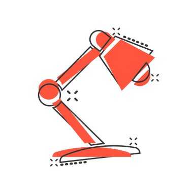 Çizgi roman tarzında lamba simgesi. Ampul karikatür vektör çizimi beyaz izole arkaplanda. Elektrik sıçrama etkisi iş konsepti.