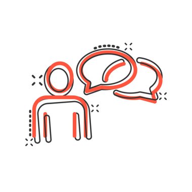 Çizgi roman tarzında konuşma balonu ikonu olan insanlar. Beyaz izole arkaplanda sohbet çizgi filmi vektör çizimi. Konuşma penceresi sıçrama etkisi iş konsepti.