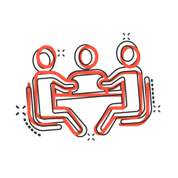 Personas Con Icono Mesa Estilo Cómico Trabajo Equipo Conferencia Cartoo — Vector de stock