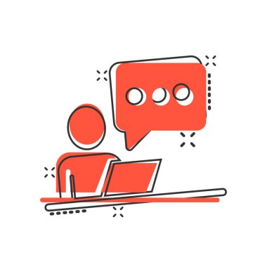 Çizgi roman tarzında dizüstü bilgisayar ikonu olan insanlar. Beyaz izole arkaplanda Pc kullanıcı karikatür vektör çizimi. Ofis yöneticisi etki iş kavramı.