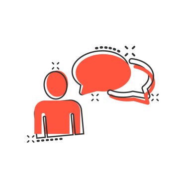 Çizgi roman tarzında konuşma balonu ikonu olan insanlar. Beyaz izole arkaplanda sohbet çizgi filmi vektör çizimi. Konuşma penceresi sıçrama etkisi iş konsepti.