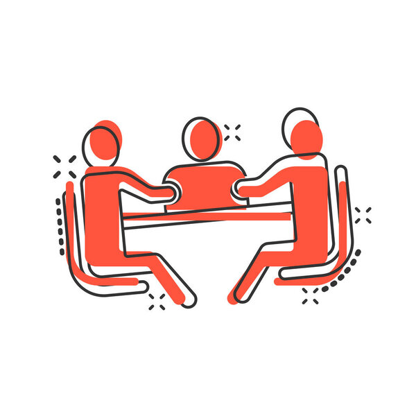 Personas Con Icono Mesa Estilo Cómico Conferencia Trabajo Equipo Ilustración — Vector de stock