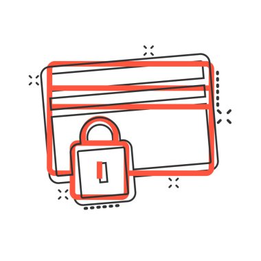 Çizgi roman tarzında kredi kartı koruma simgesi. Beyaz izole edilmiş arka planda güvenli bir alışveriş çizgi filmi vektör çizimi. Ticari asma kilit sıçrama etkisi iş konsepti.