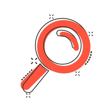 Çizgi roman tarzında Loupe işareti simgesi. Beyaz izole arkaplanda büyüteç karikatür vektör çizimi. Arama sıçrama etkisi iş konsepti.