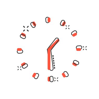 Çizgi roman tarzında saat simgesi. Beyaz izole edilmiş arka plandaki çizgi film vektör çizimini izleyin. Zamanlayıcı sıçrama etkisi iş konsepti.