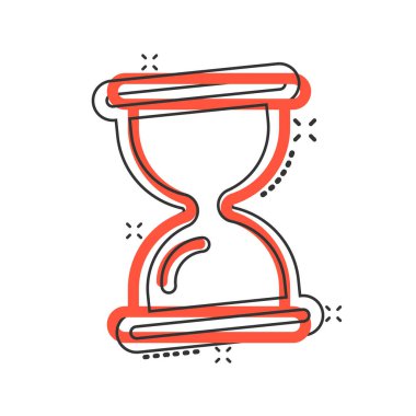 Çizgi roman tarzında kum saati simgesi. Beyaz izole edilmiş arka planda kum camı çizimi. Saat sıçrama etkisi iş konsepti.