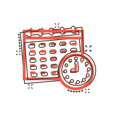 Çizgi roman tarzında saat simgesiyle takvim. Beyaz izole edilmiş arka planda ajanda vektör çizimi. Zamanlama zaman planlayıcısı sıçrama etkisi iş konsepti.