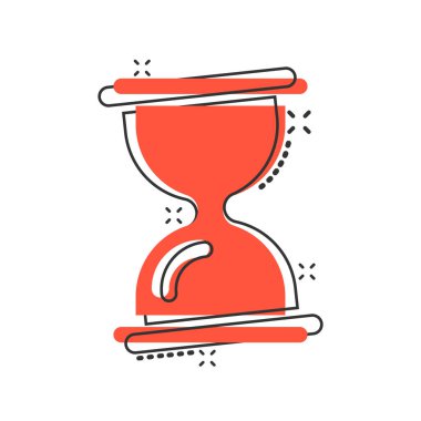 Çizgi roman tarzında kum saati simgesi. Beyaz izole edilmiş arka planda kum camı çizimi. Saat sıçrama etkisi iş konsepti.