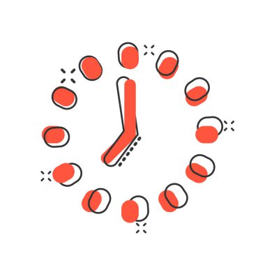 Çizgi roman tarzında saat simgesi. Beyaz izole edilmiş arka plandaki çizgi film vektör çizimini izleyin. Zamanlayıcı sıçrama etkisi iş konsepti.