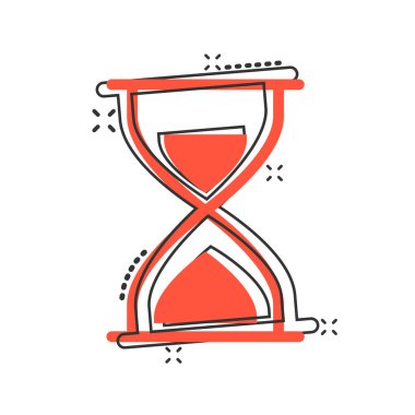 Çizgi roman tarzında kum saati simgesi. Beyaz izole edilmiş arka planda kum camı çizimi. Saat sıçrama etkisi iş konsepti.