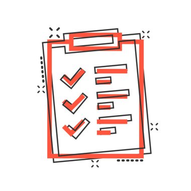 Çizgi roman tarzında liste simgesi yapmak için. Beyaz izole edilmiş arkaplandaki karikatür vektör çizelgesi. Not kontrol işareti sıçrama etkisi iş konsepti.