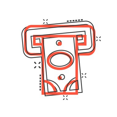 Para ATM ikonu çizgi roman tarzında. İzole edilmiş beyaz arka planda nakit karikatür vektör çizimi. Banknote yasa tasarısı çarpma etkisi iş konsepti.