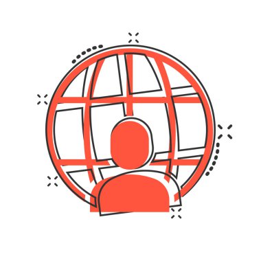 İnsanlar çizgi roman tarzında küresel bir ikon. Beyaz izole edilmiş arka planda dünya iletişim çizgi filmi vektör çizimi. İşbirliği, iş dünyasının etkisini artırdı.