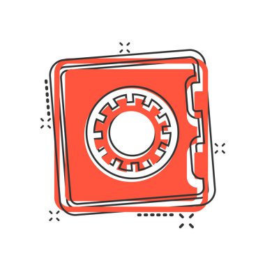 Çizgi roman tarzında güvenli para ikonu. Beyaz izole arkaplanda Strongbox karikatür vektör çizimi. Mali güvenlik sıçrama etkisi iş konsepti.