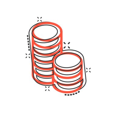 Bozuk para yığını simgesi. Beyaz izole edilmiş arka planda dolar sikkesi karikatür vektör çizimi. Para yığılmış sıçrama etkisi iş konsepti.