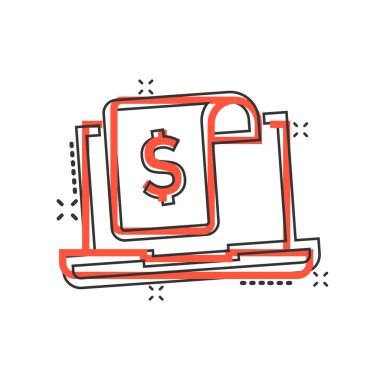 Çizgi roman tarzında para simgesi olan dizüstü bilgisayar. Beyaz izole edilmiş arka planda bilgisayar dolar karikatür vektör çizimi. Mali denetim sıçrama etkisi iş konsepti.