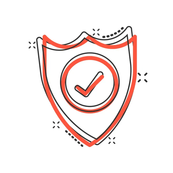 Shield Check Mark Icon Comic Style Protect Cartoon Vector Illustration — Stock Vector