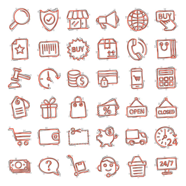 Shopping Icon Set Comic Style Online Commerce Cartoon Vector Illustration — Stock Vector