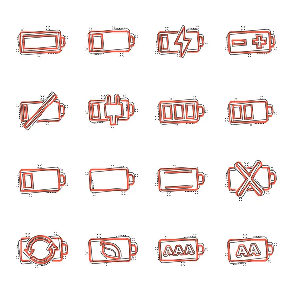 Battery Charge Icon Set Comic Style Power Level Cartoon Vector — Stock Vector