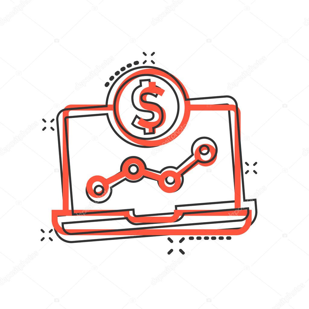 Laptop computer chart icon in comic style. Money diagram cartoon vector illustration on white isolated background. Financial process splash effect business concept.