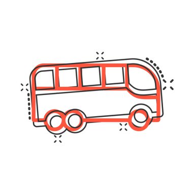 Çizgi roman tarzında otobüs simgesi. Beyaz izole edilmiş arka planda koç çizgi film çizimi. Otobus aracı sıçrama etkisi iş konsepti.