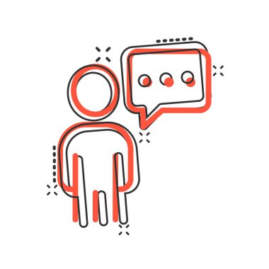 Çizgi roman tarzında konuşma balonu ikonu olan insanlar. Beyaz izole arkaplanda sohbet çizgi filmi vektör çizimi. Konuşma penceresi sıçrama etkisi iş konsepti.