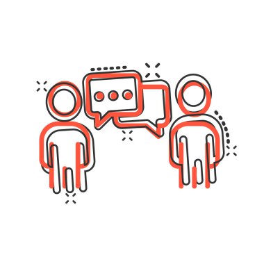 Çizgi roman tarzında konuşma balonu ikonu olan insanlar. Beyaz izole arkaplanda sohbet çizgi filmi vektör çizimi. Konuşma penceresi sıçrama etkisi iş konsepti.