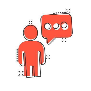 Çizgi roman tarzında konuşma balonu ikonu olan insanlar. Beyaz izole arkaplanda sohbet çizgi filmi vektör çizimi. Konuşma penceresi sıçrama etkisi iş konsepti.