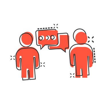 Çizgi roman tarzında konuşma balonu ikonu olan insanlar. Beyaz izole arkaplanda sohbet çizgi filmi vektör çizimi. Konuşma penceresi sıçrama etkisi iş konsepti.