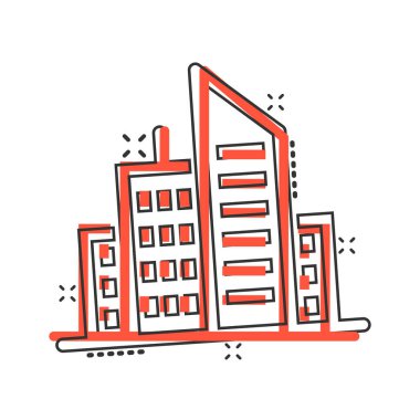 Çizgi roman tarzında bir yapı ikonu. Kentin gökdelen dairesi beyaz izole edilmiş arka planda vektör çizimi. Şehir kulesi su sıçrama etkisi iş konsepti.