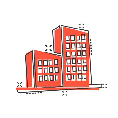 Çizgi roman tarzında bir yapı ikonu. Kentin gökdelen dairesi beyaz izole edilmiş arka planda vektör çizimi. Şehir kulesi su sıçrama etkisi iş konsepti.