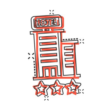 Otel 3, çizgi roman tarzında işaret simgesi. Beyaz izole edilmiş arka planda çizgi film vektör çizimi. Pansiyon odası sıçrama efekti iş konsepti.