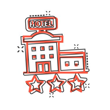 Otel 3, çizgi roman tarzında işaret simgesi. Beyaz izole edilmiş arka planda çizgi film vektör çizimi. Pansiyon odası sıçrama efekti iş konsepti.