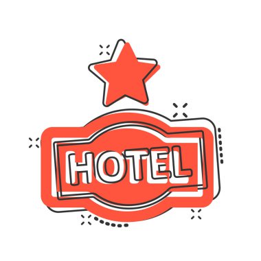 Otel 1, çizgi roman tarzında işaret simgesi. Beyaz izole edilmiş arka planda Inn karikatür vektör çizimi. Yurt odası bilgisi su sıçratma etkisi iş konsepti.