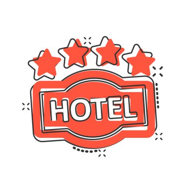 Otel 4 yıldızları çizgi roman tarzında işaret simgesi. Beyaz izole edilmiş arka planda Inn karikatür vektör çizimi. Yurt odası bilgisi su sıçratma etkisi iş konsepti.