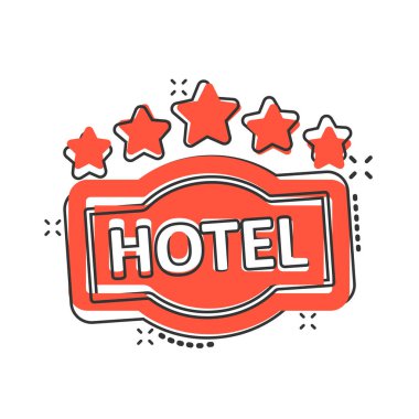 Otel 5 yıldızları çizgi roman tarzında işaret simgesi. Beyaz izole edilmiş arka planda Inn karikatür vektör çizimi. Yurt odası bilgisi su sıçratma etkisi iş konsepti.