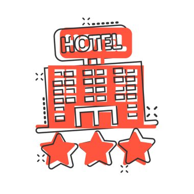 Otel 3, çizgi roman tarzında işaret simgesi. Beyaz izole edilmiş arka planda çizgi film vektör çizimi. Pansiyon odası sıçrama efekti iş konsepti.