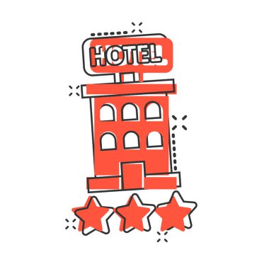 Otel 3, çizgi roman tarzında işaret simgesi. Beyaz izole edilmiş arka planda çizgi film vektör çizimi. Pansiyon odası sıçrama efekti iş konsepti.