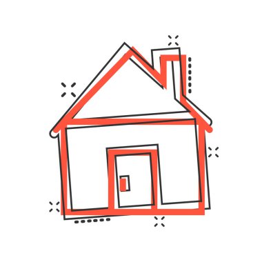 Çizgi roman tarzında bir yapı ikonu. Beyaz izole edilmiş arka planda ev çizgi filmi vektör çizimi. Ev sıçrama etkisi iş konsepti.