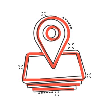 Harita simgesi simgesi çizgi romanda. GPS navigasyon karikatür vektör çizimi beyaz izole arka planda. Pozisyon sıçrama etkisi iş konseptini belirle.