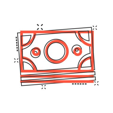 Dolar banknot simgesi, komik bir şekilde. Beyaz izole edilmiş arka planda dolar nakit karikatür vektör çizimi. Banknote yasa tasarısı çarpma etkisi iş konsepti.