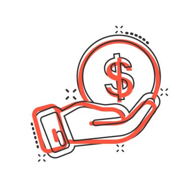 Çizgi roman tarzında geri ödeme simgesi. Para beyaz izole edilmiş arka planda el yapımı vektör çizimi. Madeni para bordrosu sıçrama etkisi iş konsepti.