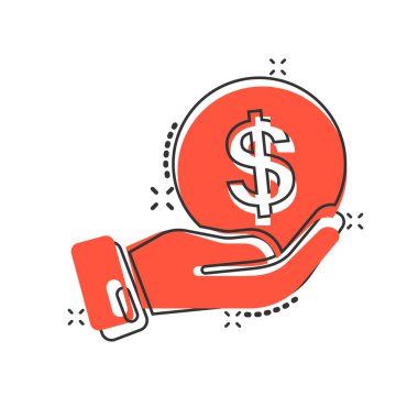 Çizgi roman tarzında geri ödeme simgesi. Para beyaz izole edilmiş arka planda el yapımı vektör çizimi. Madeni para bordrosu sıçrama etkisi iş konsepti.