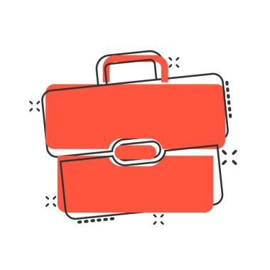 Çizgi roman tarzında evrak çantası simgesi. Beyaz izole edilmiş arka planda iş adamı çantası karikatür çizimi. Portföy sıçrama etkisi iş konsepti.