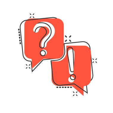 Çizgi roman tarzında soru ve cevap simgesi. Beyaz izole edilmiş arka planda diyalog konuşma balonu çizgi film vektör çizimi. Forum sohbeti sıçrama etkisi iş konsepti.