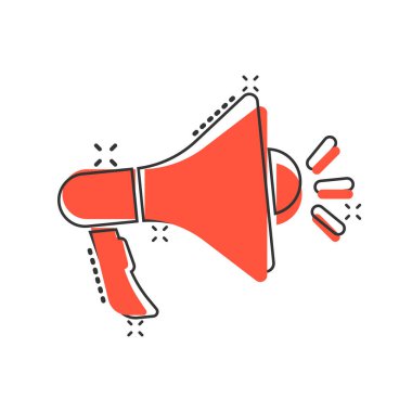 Çizgi roman tarzında megafon hoparlörü ikonu. Beyaz izole arka planda Bullhorn çizgi film vektör çizimi. Çığlık duyurusu, sıçrama etkisi iş konsepti.