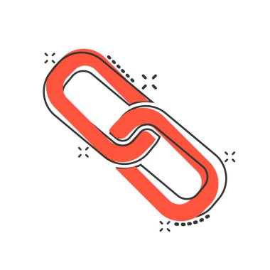 Çizgi roman tarzında zincir simgesi. Beyaz izole edilmiş arkaplanda ağ hiper-bağlantı çizgi film vektör çizimi. Sıçrama efekti iş konseptini ekle.