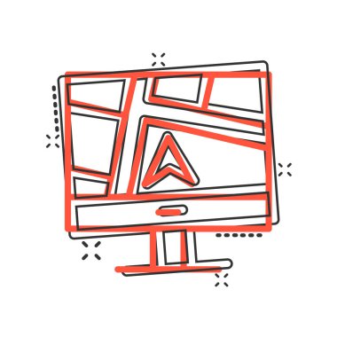 Çizgi roman tarzında bilgisayar yön bulma simgesi. Beyaz izole arkaplanda GPS karikatür vektör illüstrasyonunu izle. Şehir alanı konumu etki iş konsepti.