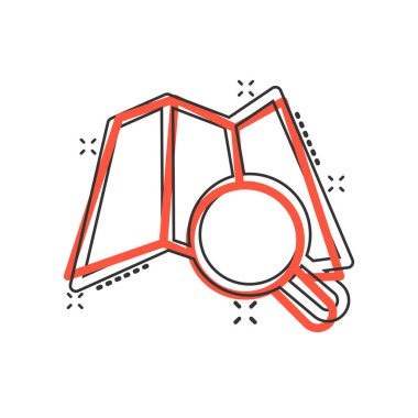 Çizgi roman tarzında büyüteç simgesi olan bir harita. İzole edilmiş beyaz arkaplanda GPS navigasyon çizgi filmi vektör çizimi. Pozisyon sıçrama etkisi iş konseptini belirle.