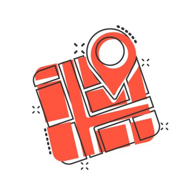 Harita simgesi simgesi çizgi romanda. GPS navigasyon karikatür vektör çizimi beyaz izole arka planda. Pozisyon sıçrama etkisi iş konseptini belirle.